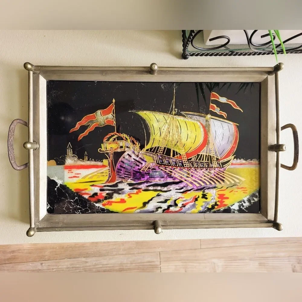 Vintage Art Deco Reverse Painted Glass Tray – Figural Sailing Ship – Silver Tone